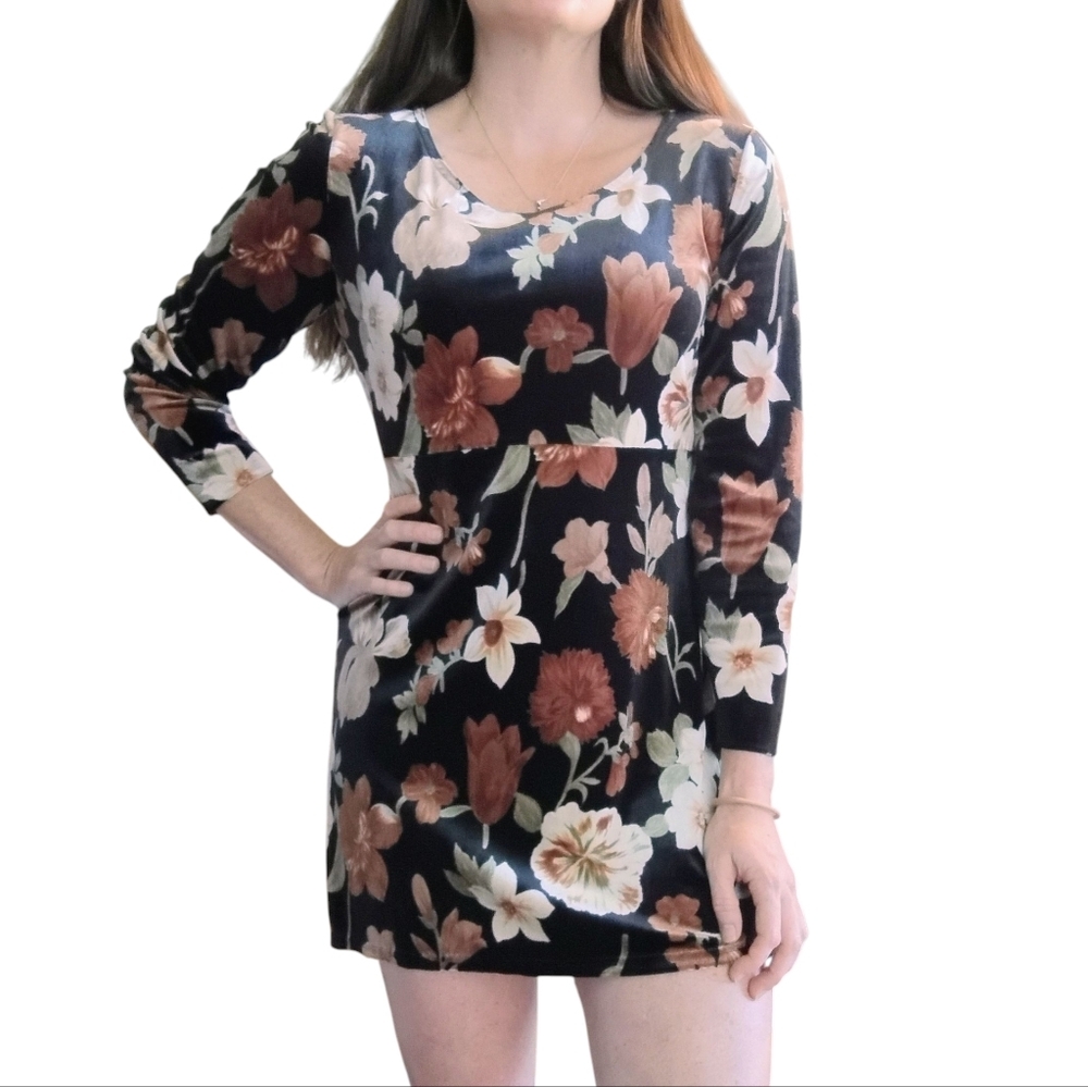 Vintage Maggy London Velvet Floral Mini Dress Womens Medium Black Brown Boho